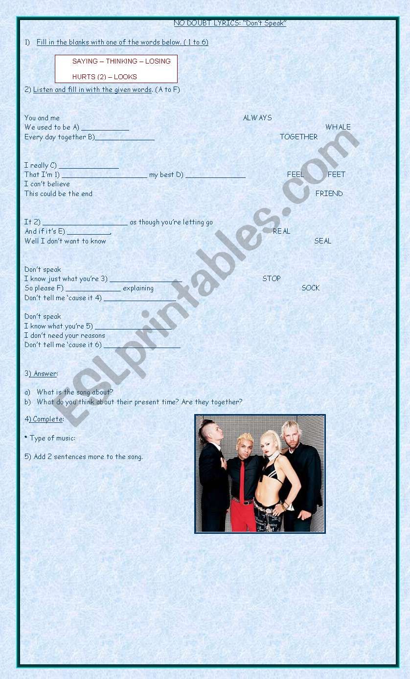 Song: No Doubt Don`t Speak worksheet